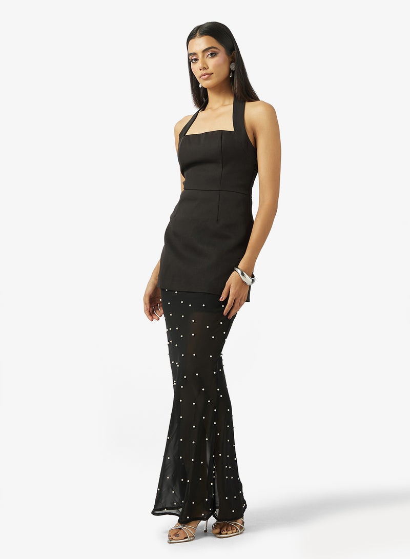 Style Cheat Halter Slip Pearl Dress in Black - Image 1